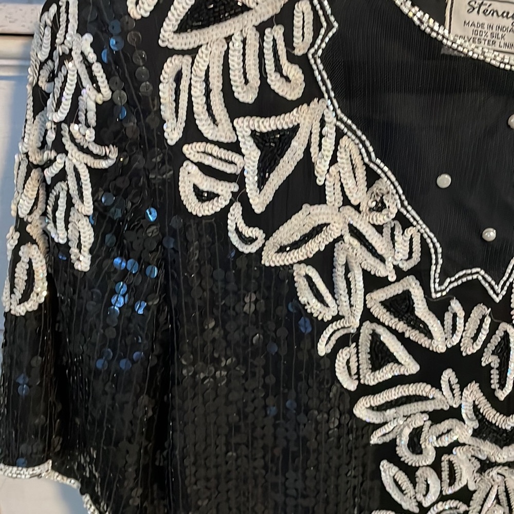Women’s evening, sequined, elegant, STENAY, silk blouse, large black/white - Picture 2 of 7